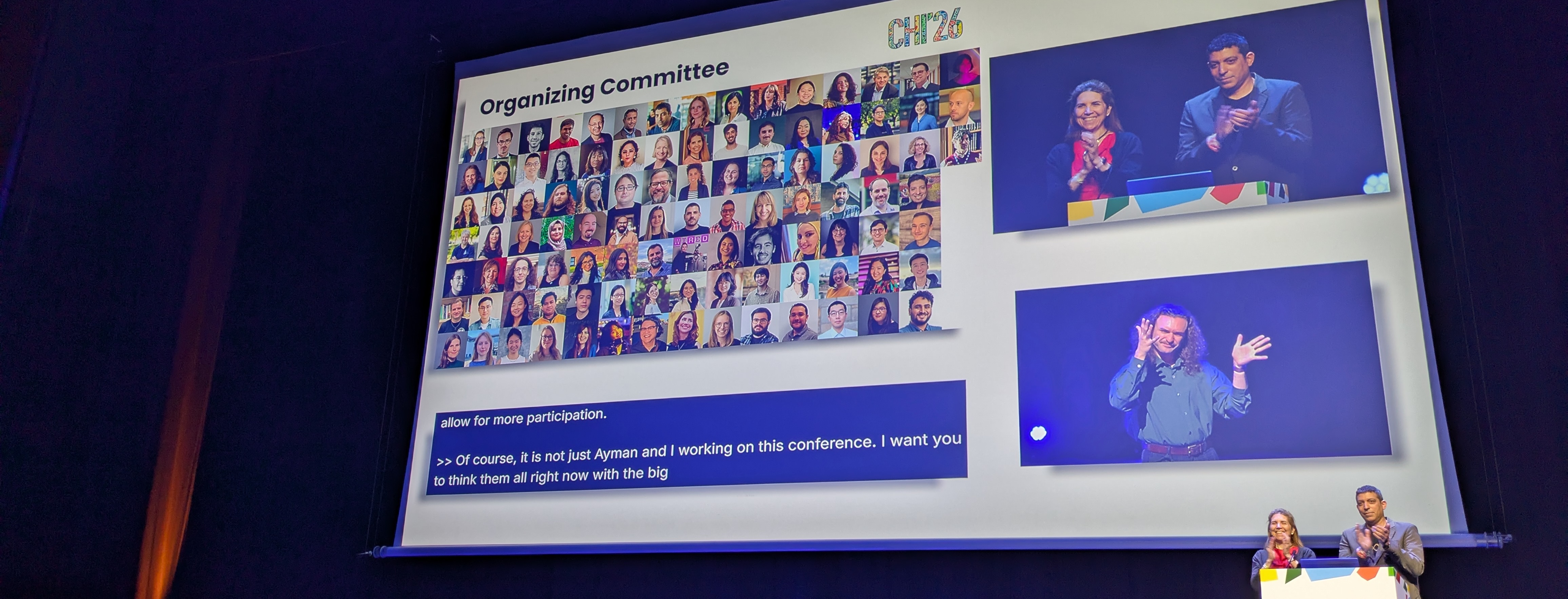 General Chairs Nuria and Ayman on stage in Barcelona, thanking the many people that made CHI 2026 possible with a slide that shows all the faces behind CHI